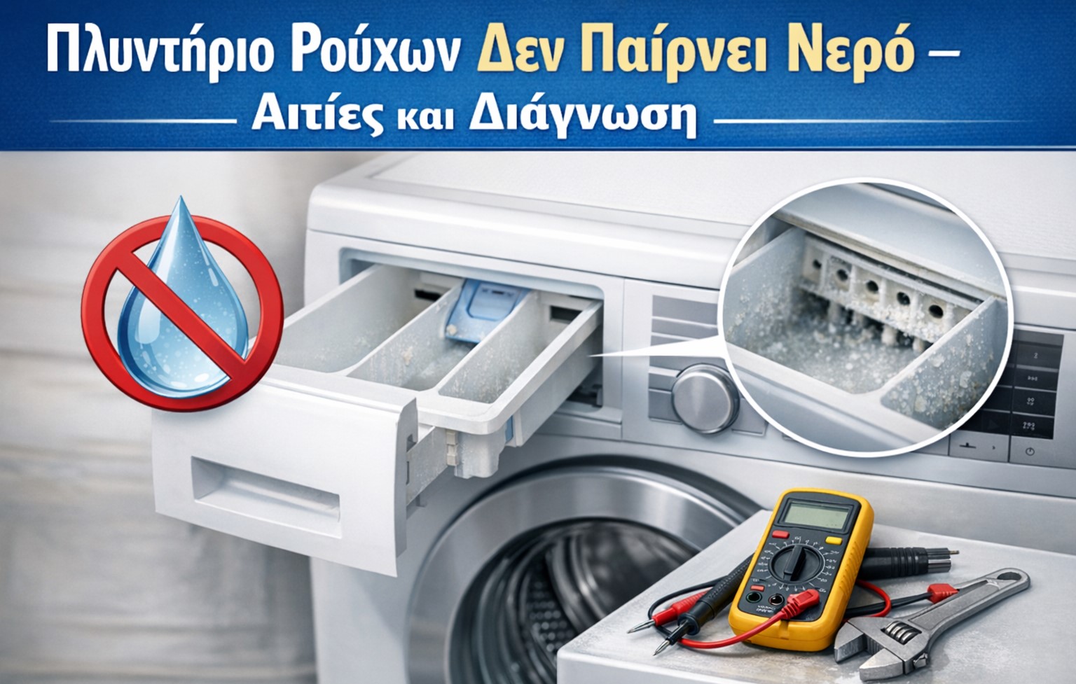 Πλυντήριο ρούχων δεν παίρνει νερό – αιτίες και διάγνωση με έλεγχο σαπουνοθήκης και ηλεκτροβάνας