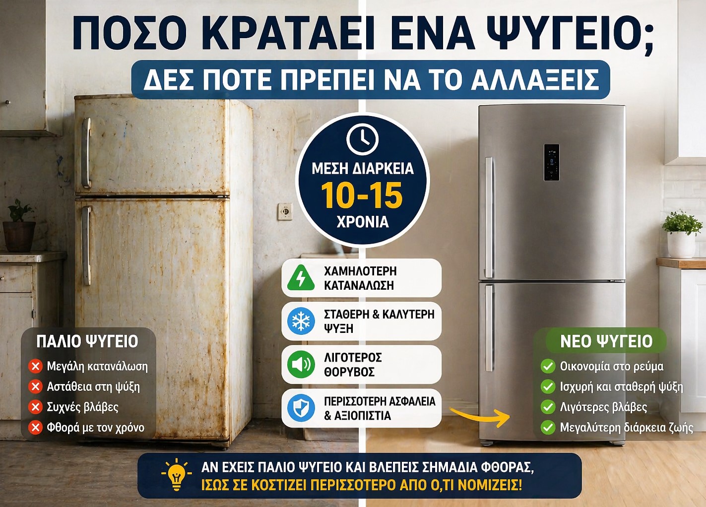 Σύγκριση παλιού και νέου ψυγείου με διάρκεια ζωής 10-15 χρόνια και διαφορά σε κατανάλωση και απόδοση