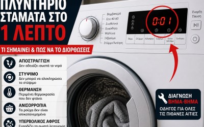 Πλυντήριο σταματά στο 1 λεπτό – τι σημαίνει & σωστή διάγνωση